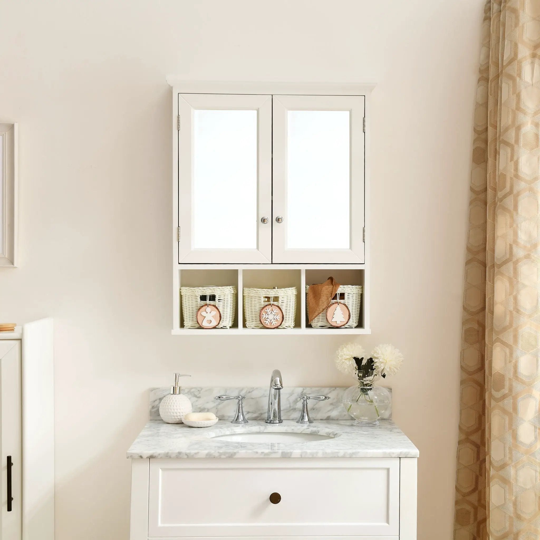 Bathroom Storage Cabinet, Medicine Cabinets For Bathroom With Mirror, 2 Doors 2 Adjustable Shelf & 3 Christmas Style Storage Basket - White by HouseOfZazla
