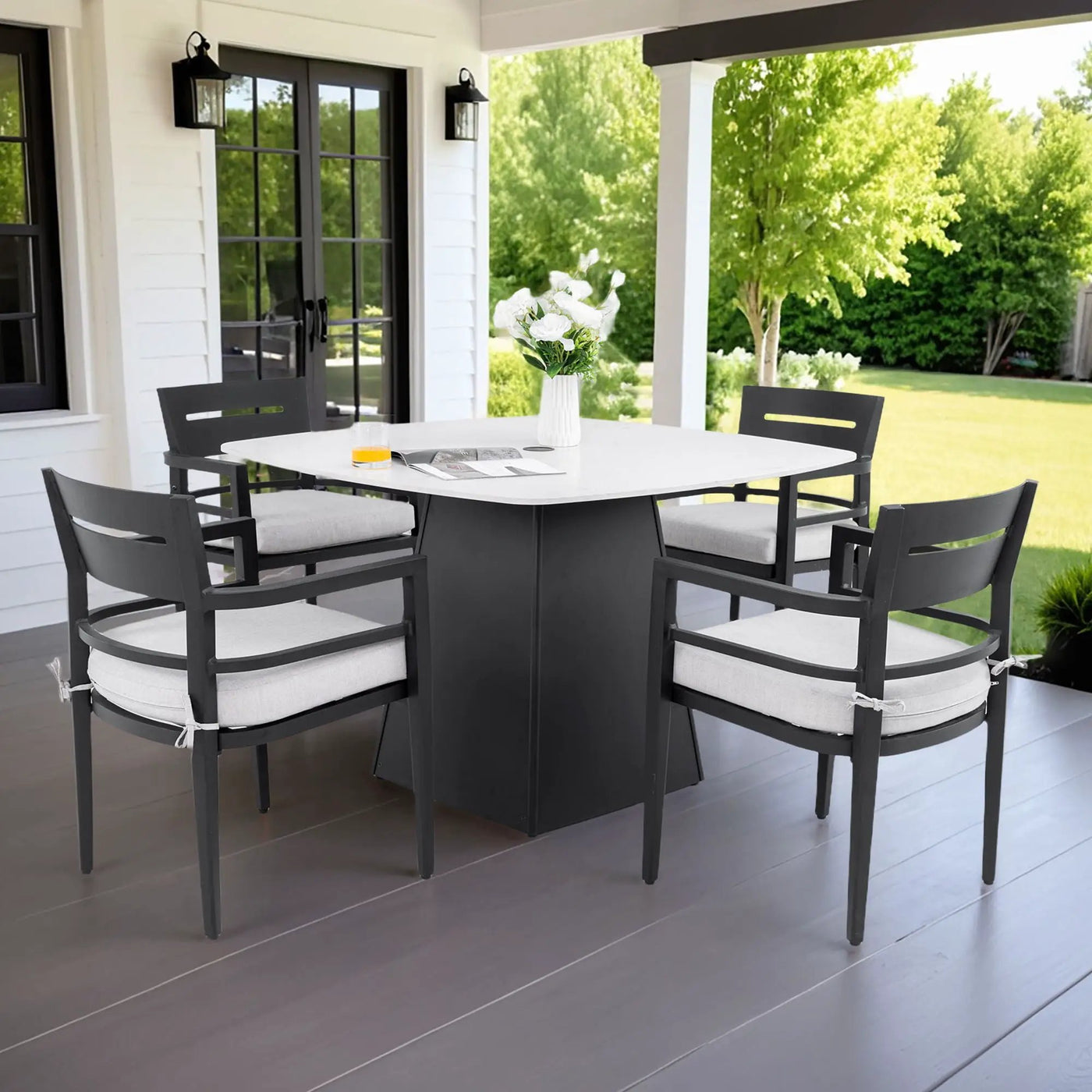 Outdoor Patio Dining Set, Squircle Dining Table, Dining Chairs With Sunbrella Cushions by Unique Piece Furniture