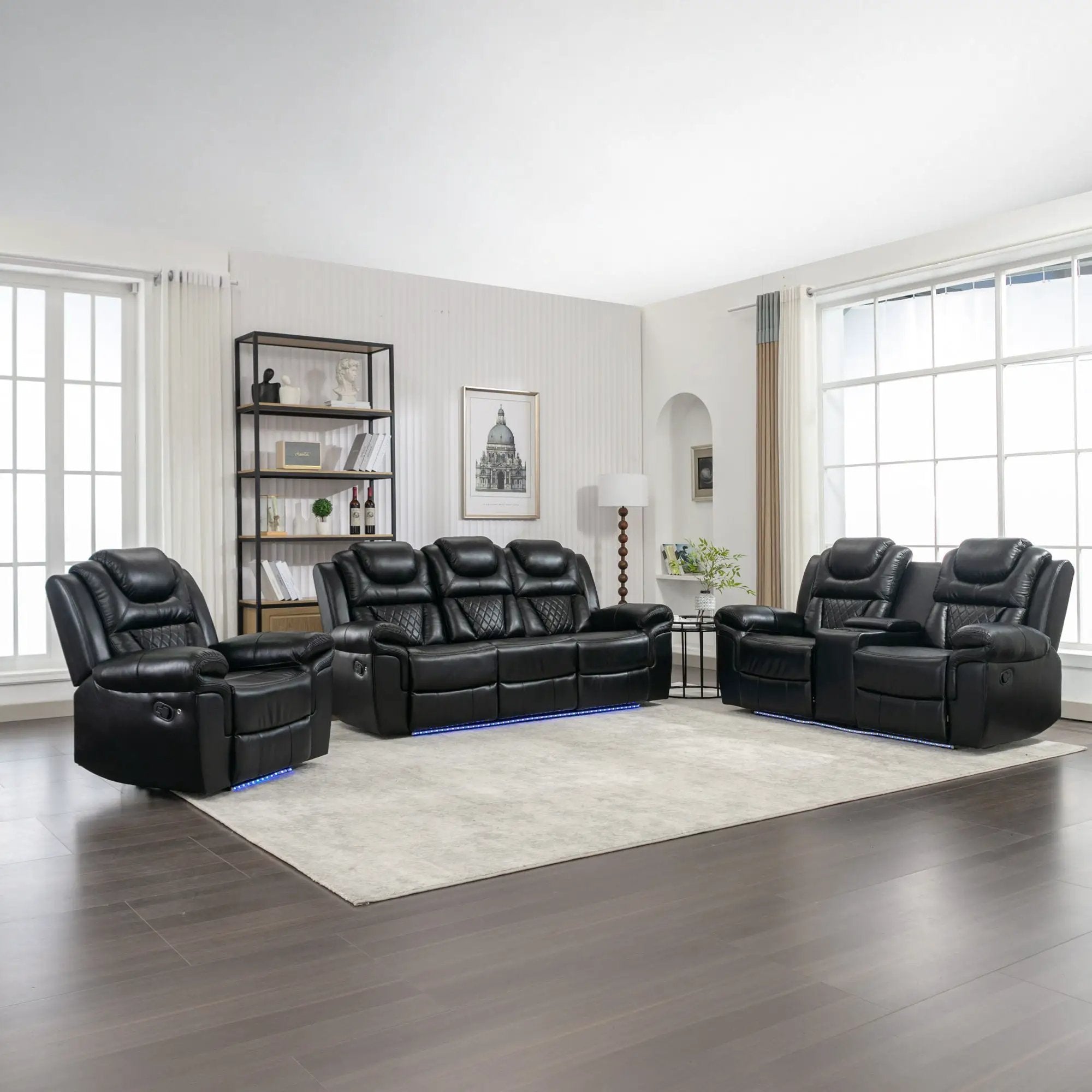 3 Pieces Recliner Sofa Sets Home Theater Seating Manual Recliner Chair With Center Console And LED Light Strip For Living Room by HouseOfZazla