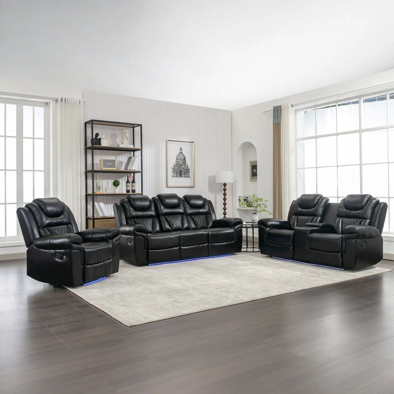 3 Pieces Recliner Sofa Sets Home Theater Seating Manual Recliner Chair With Center Console And LED Light Strip For Living Room by HouseOfZazla
