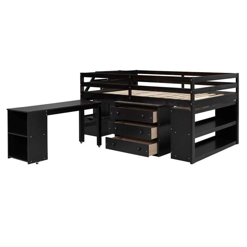 Loft Bed With Retractable Writing Desk And 3 Drawers With Storage Stairs And Shelves by HouseOfZazla