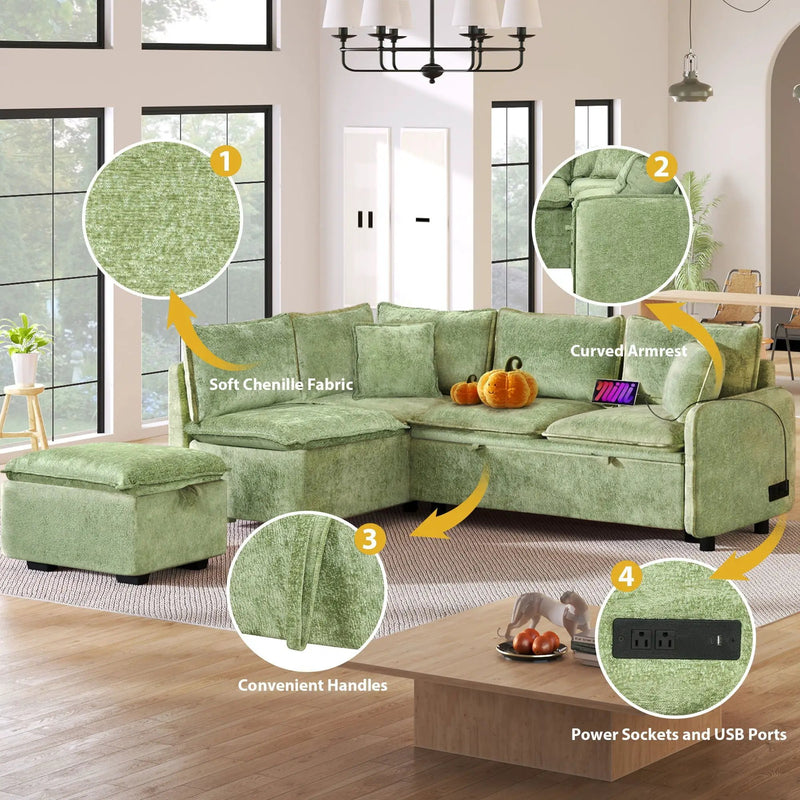 Convertible Sofa Bed Sectional Sofa Sleeper L-Shaped Sofa With A Storage Ottoman, Two Pillows, Two Power Sockets And Two USB Ports For Living Room by Unique Piece Furniture