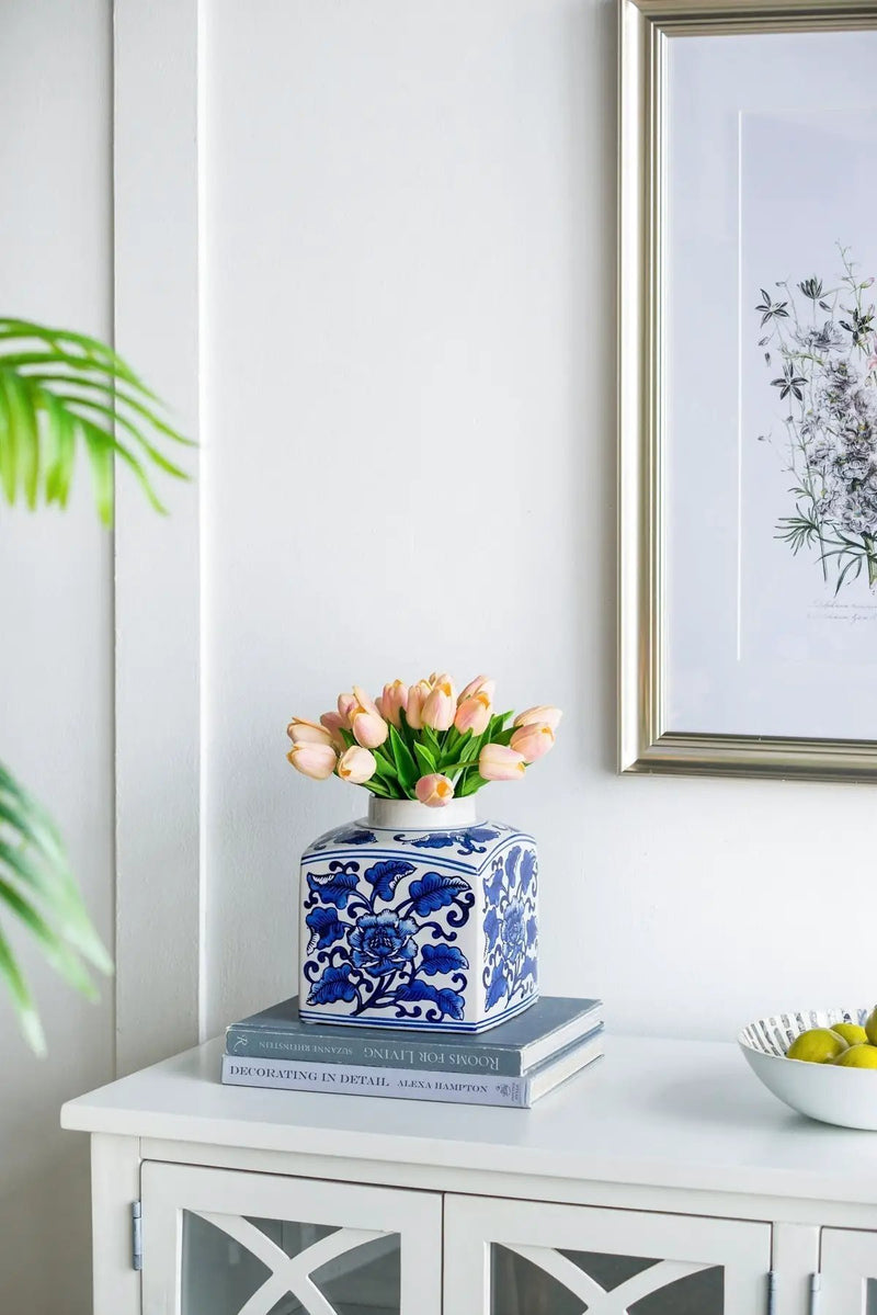 5x5x8' Hand Painted Square Canister with Blue and White Floral Pattern by HouseOfZazla