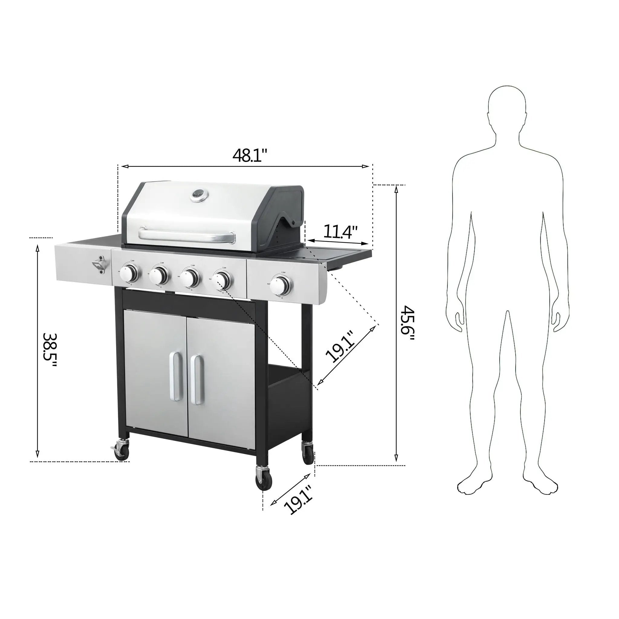4 Burner Propane Gas Bbq Grill With Side Burner, 46790Btu Output With Enameed Cast Iron Cooking Grids For Outdoor Barbecue, Stainless Steel - Black / Silver by HouseOfZazla