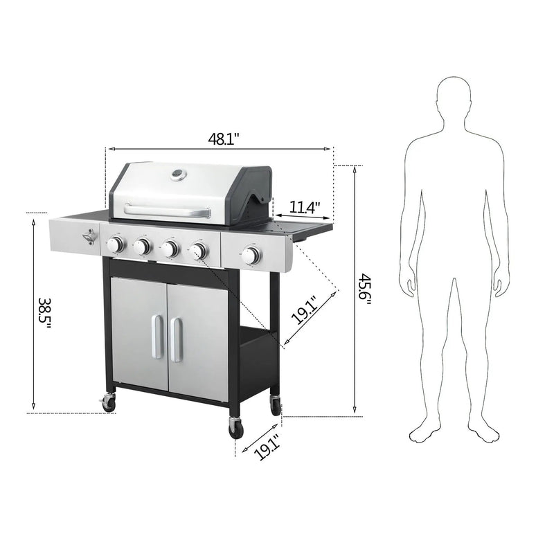 4 Burner Propane Gas Bbq Grill With Side Burner, 46790Btu Output With Enameed Cast Iron Cooking Grids For Outdoor Barbecue, Stainless Steel - Black / Silver by HouseOfZazla