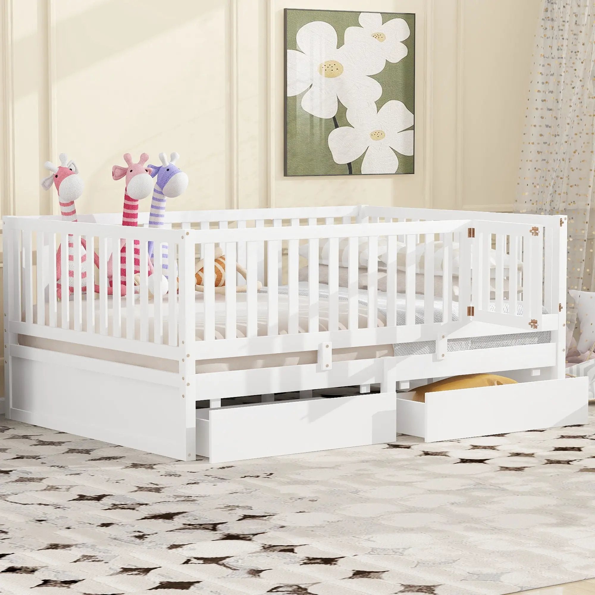 Daybed With Fence Guardrails And 2 Drawers, Split Into Independent Floor Bed & Daybed by HouseOfZazla