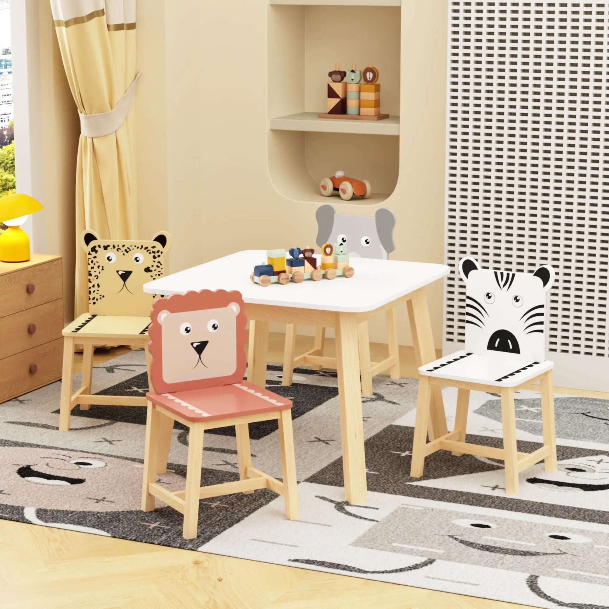 Kids Table And Chair Set With Cartoon Animals Design - White by HouseOfZazla