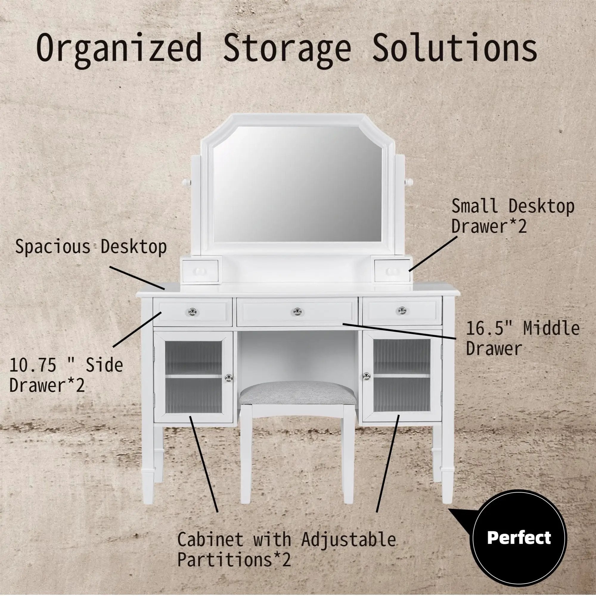 Elegant Makeup Vanity Desk With Adjustable Mirror And Storage And Construction - White by Unique Piece Furniture