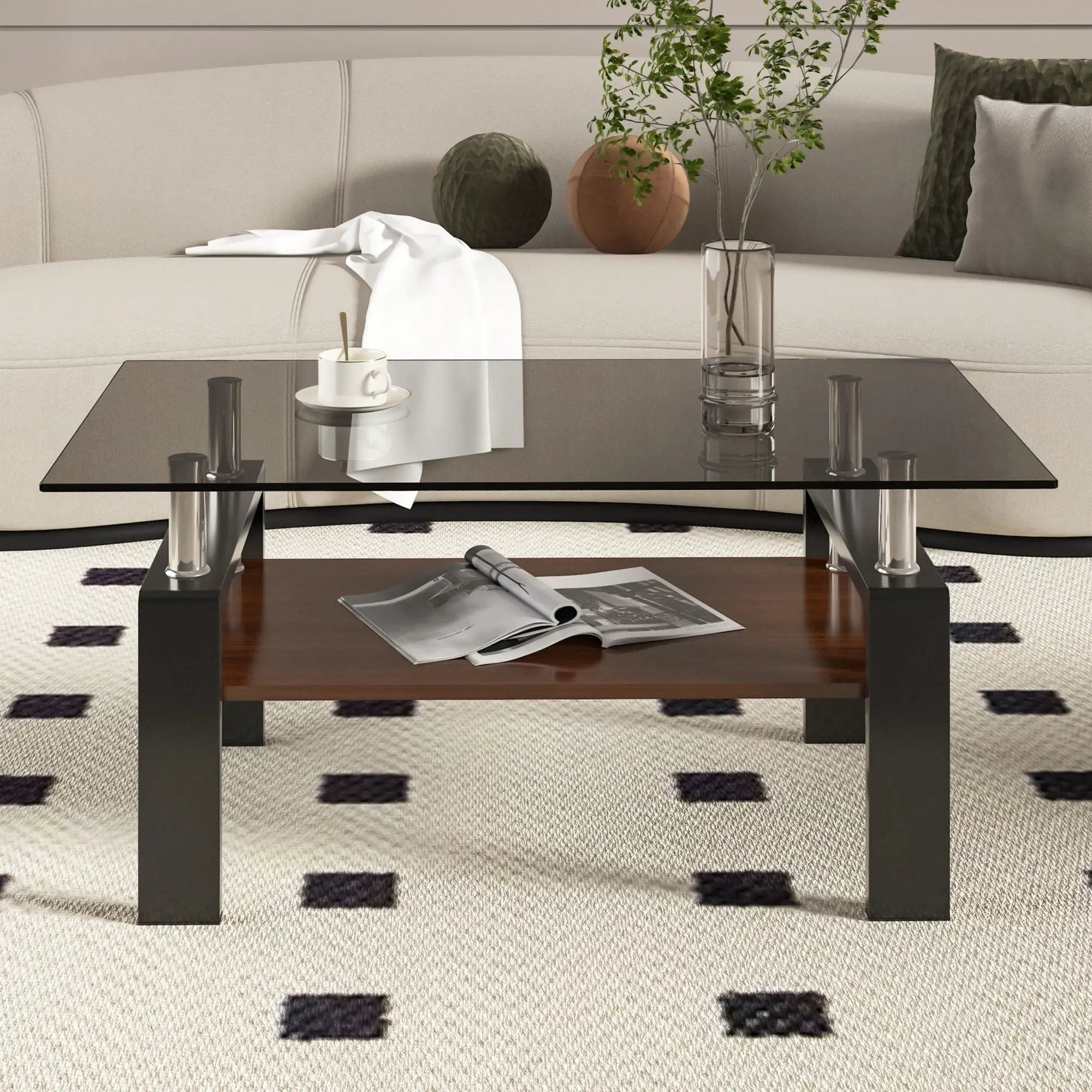Modern Rectangular Coffee Table With Tempered Transparent Glass Top And Storage Shelf by Unique Piece Furniture