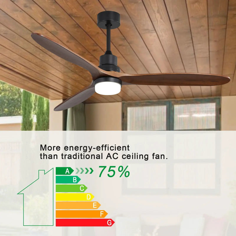 Ceiling Fan With Lights 3 Solid Wood Fan Blade Noiseless Reversible Motor Remote Control - Black by Unique Piece Furniture