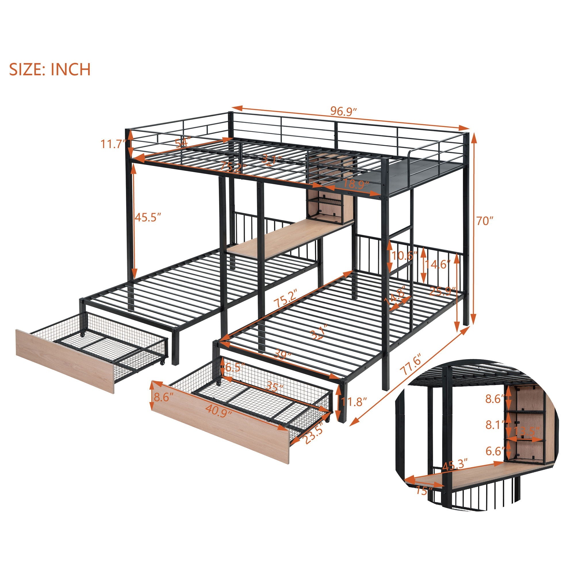 Triple Bunk Bed With Drawers, Multi-Functional Frame With Desks And Shelves In The Middle by HouseOfZazla