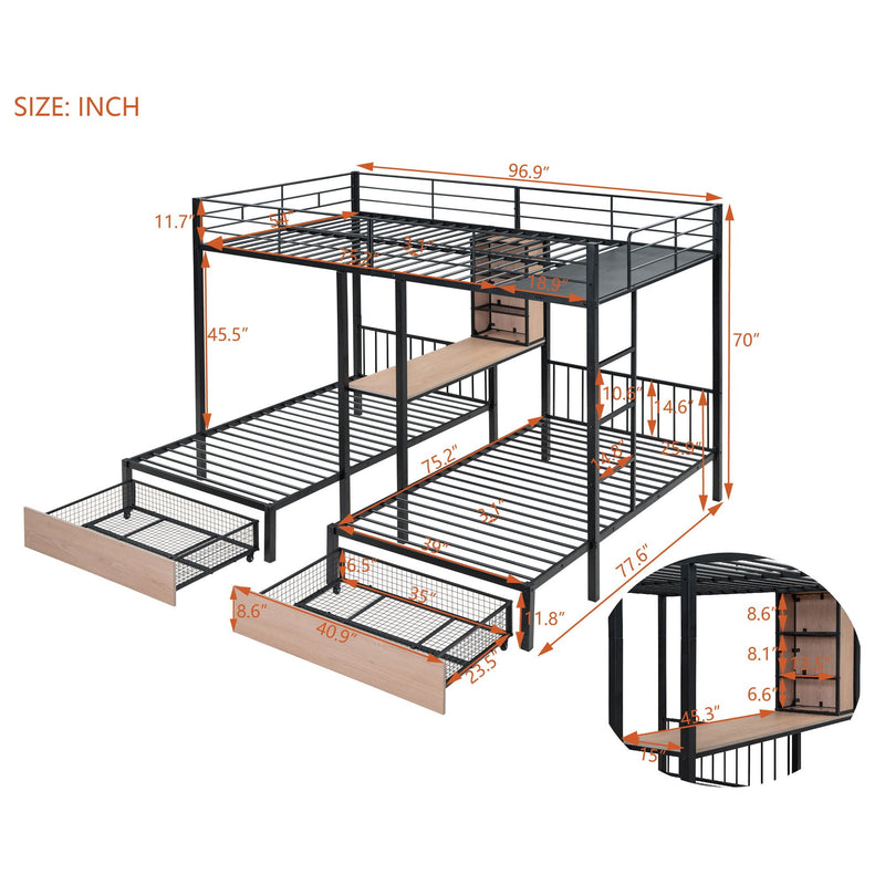 Triple Bunk Bed With Drawers, Multi-Functional Frame With Desks And Shelves In The Middle by HouseOfZazla