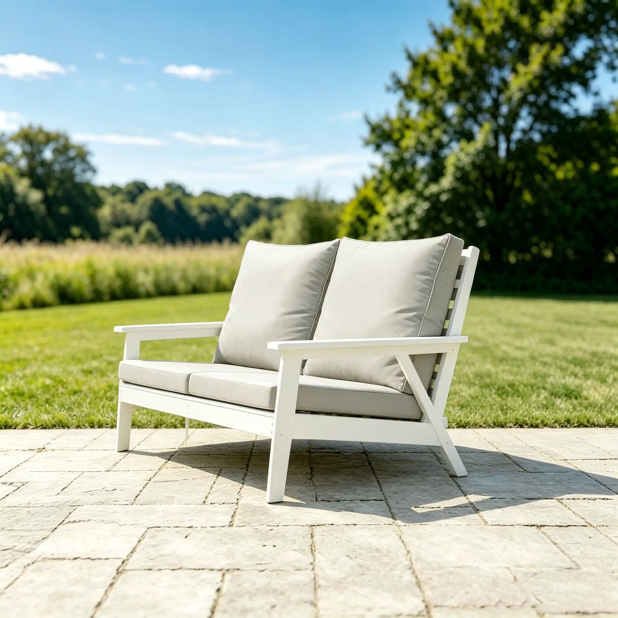 HIPS Loveseat with Cushion, Wood Grain Outdoor Garden Sofa by HouseOfZazla