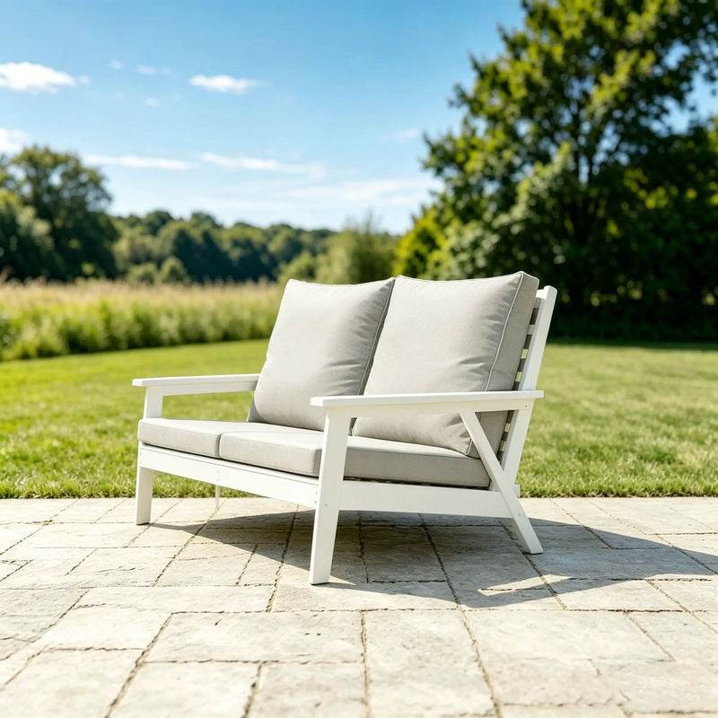 HIPS Loveseat with Cushion, Wood Grain Outdoor Garden Sofa by HouseOfZazla