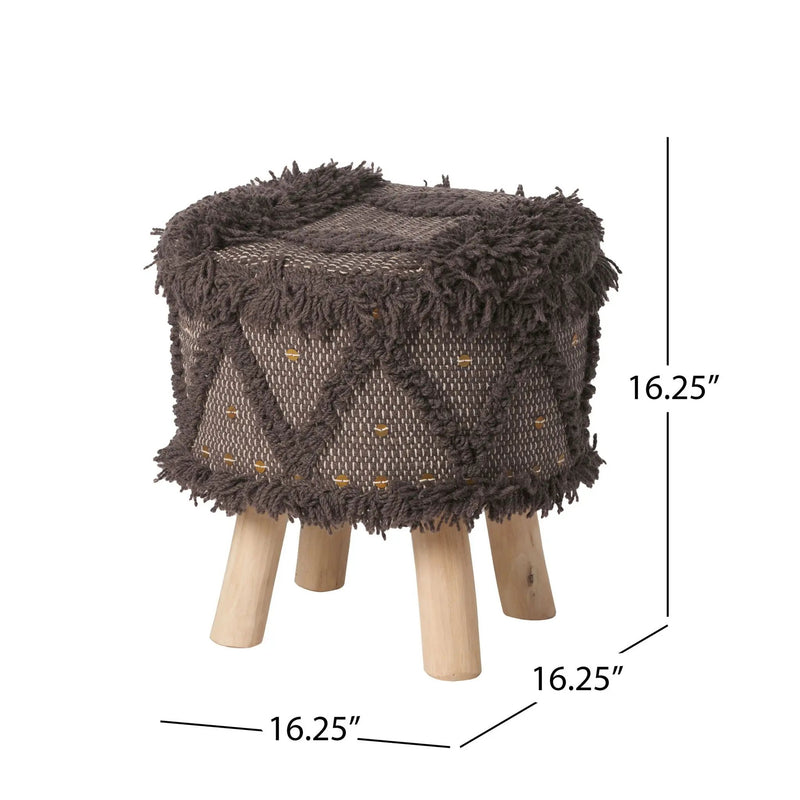 Roja Handcrafted Wool & Cotton Foot Stool with Eucalyptus Wood Frame - Dark Brown by HouseOfZazla