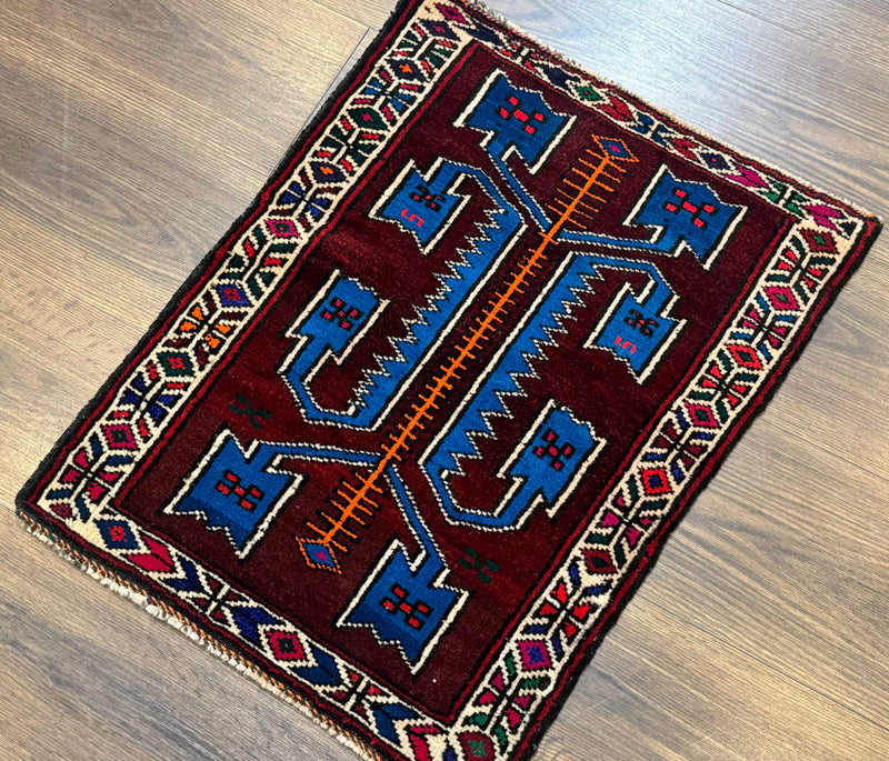 Persian Tribal Rug 1.8 x 2, Small Balouchi Rug, Unique Design, Burgundy and Blue by Jewel Rugs