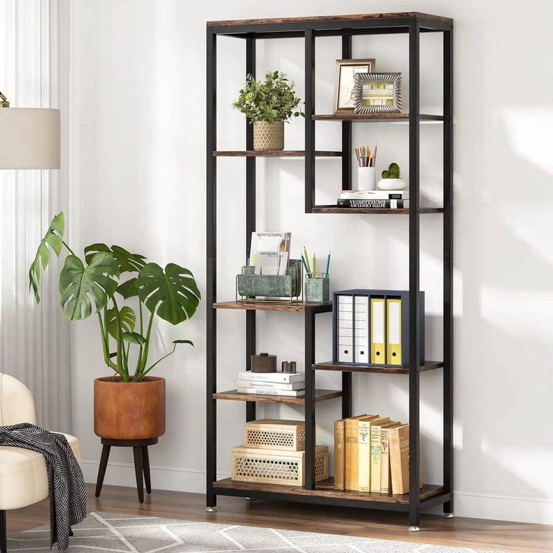 6 Tier, 8 Shelf Etagere Bookcase Storage Display Rack For Living Room - Rustic Brown by HouseOfZazla