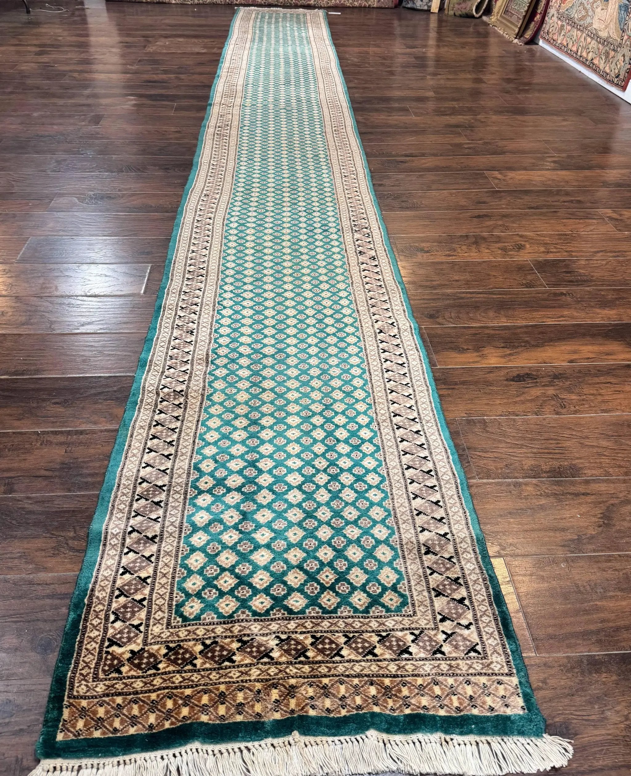 Long Pakistani Runner Rug 2.8 x 20, Hand Knotted Vintage Wool Hallway Rug, Turkoman Rug, Teal and Tan, Handmade Vintage Wool Runner by Jewel Rugs