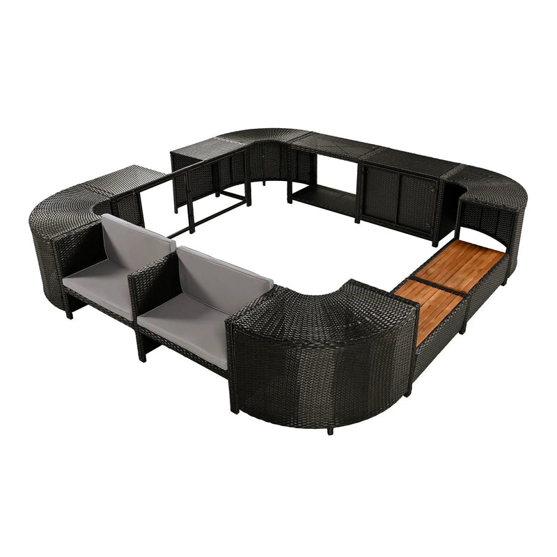 Spa Surround Spa Frame Quadrilateral Outdoor Rattan Sectional Sofa Set With Mini Sofa, Wooden Seats And Storage Spaces by Unique Piece Furniture