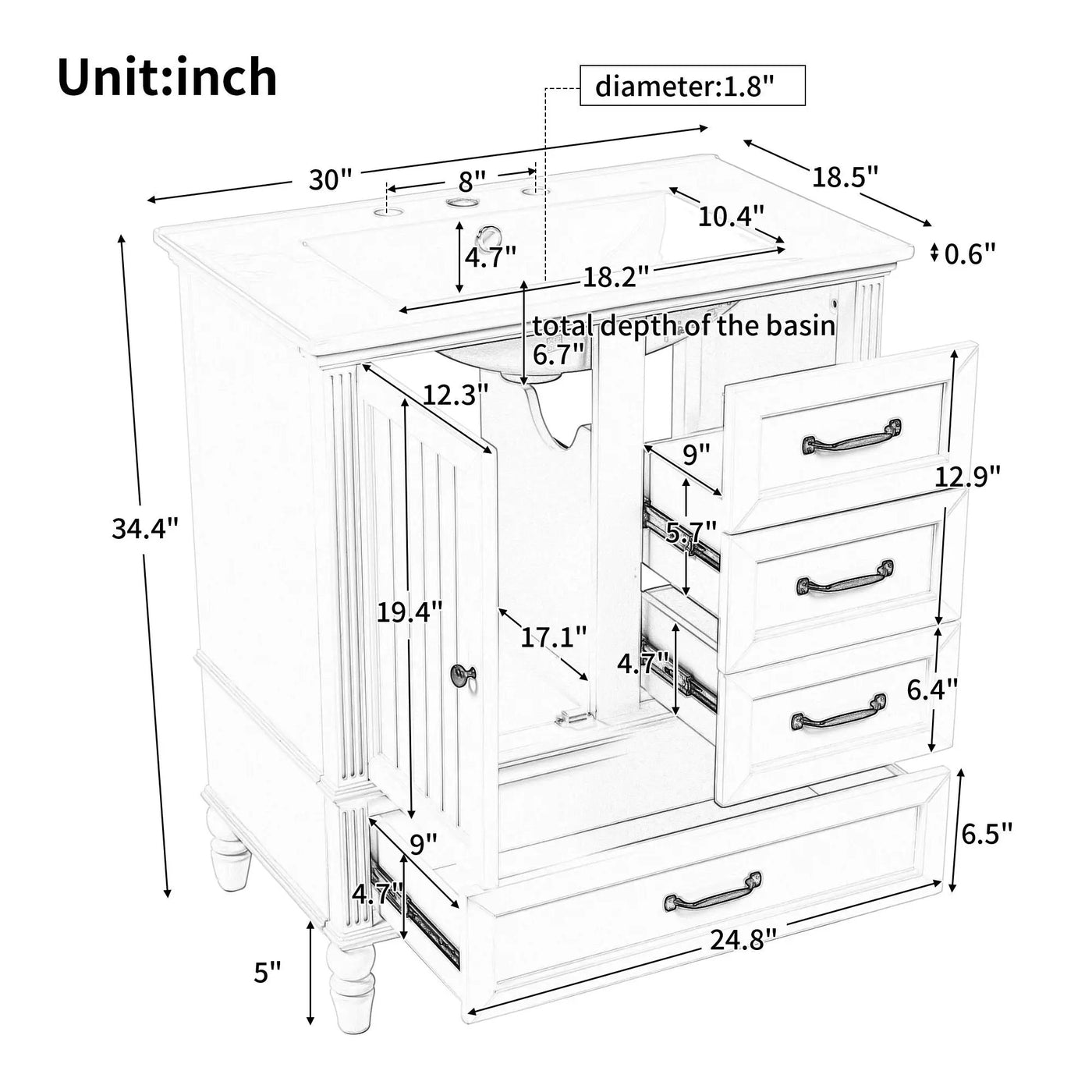 30" Bathroom Vanity With Sink, 3 Drawers, Adjustable Feet by HouseOfZazla