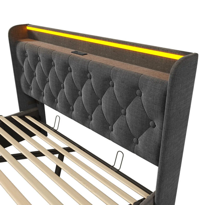 Upholstered Bed, 360 Surround LED Function, Remote Control, Hydraulic Storage Bed With USB, Type-C Charging (Without Mattress) by HouseOfZazla