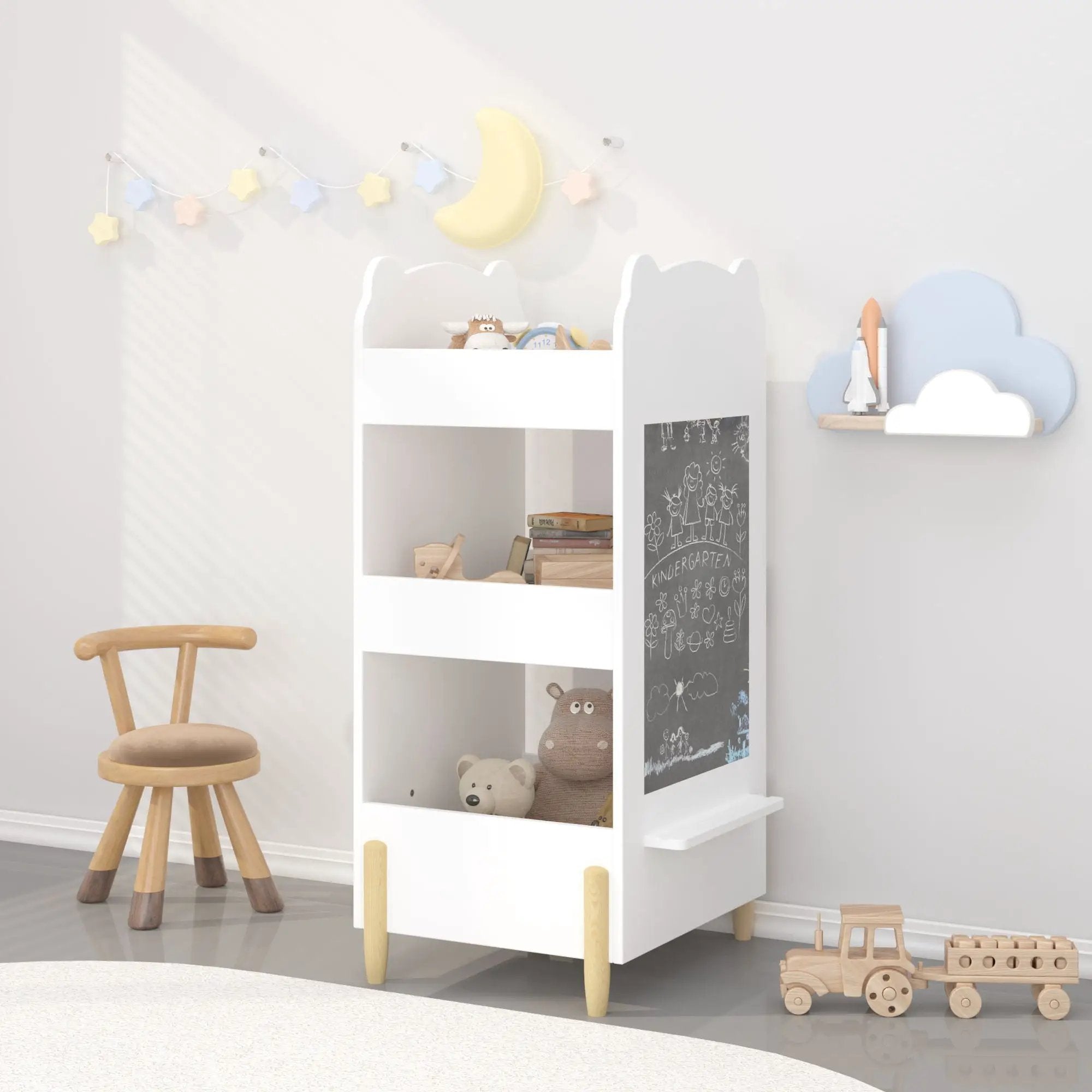 Bear Shaped Bookshelf With Chalkboard Side, 3-Tier Storage Organizer For Playroom - White by HouseOfZazla