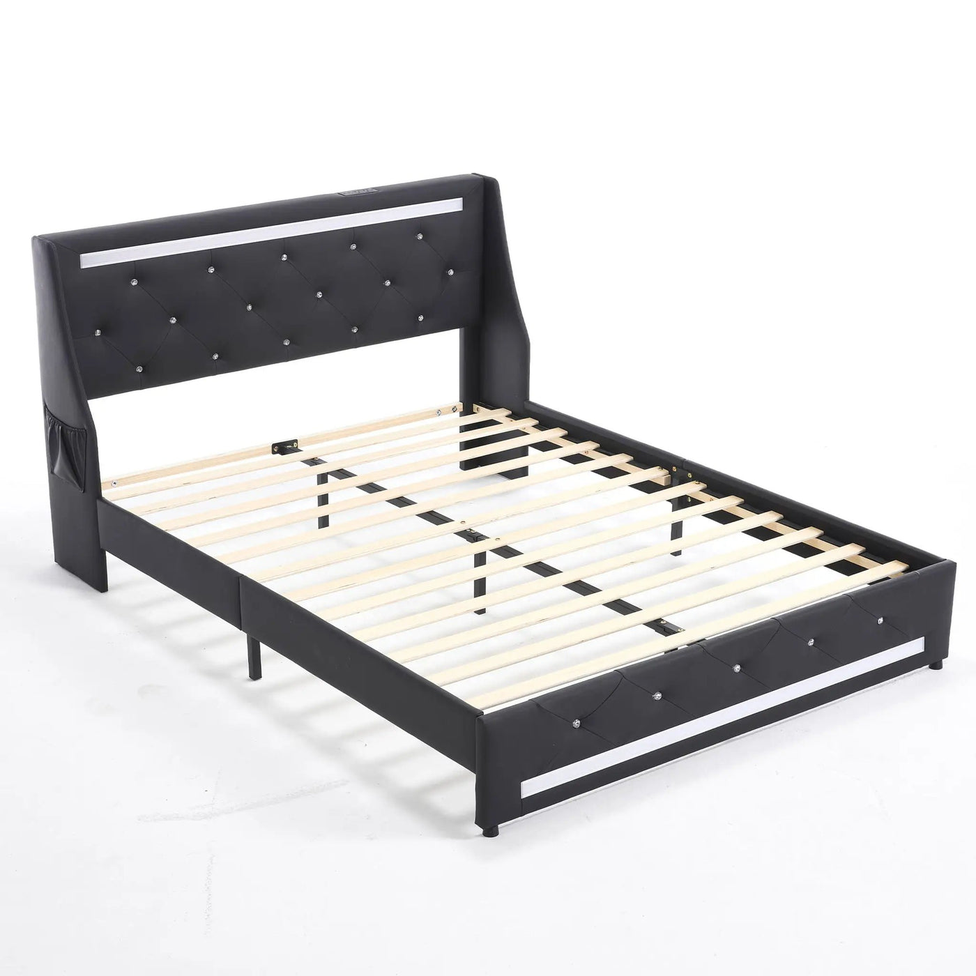 Wingback Upholstered Bed Frame With LED Lights, Charging Station by HouseOfZazla