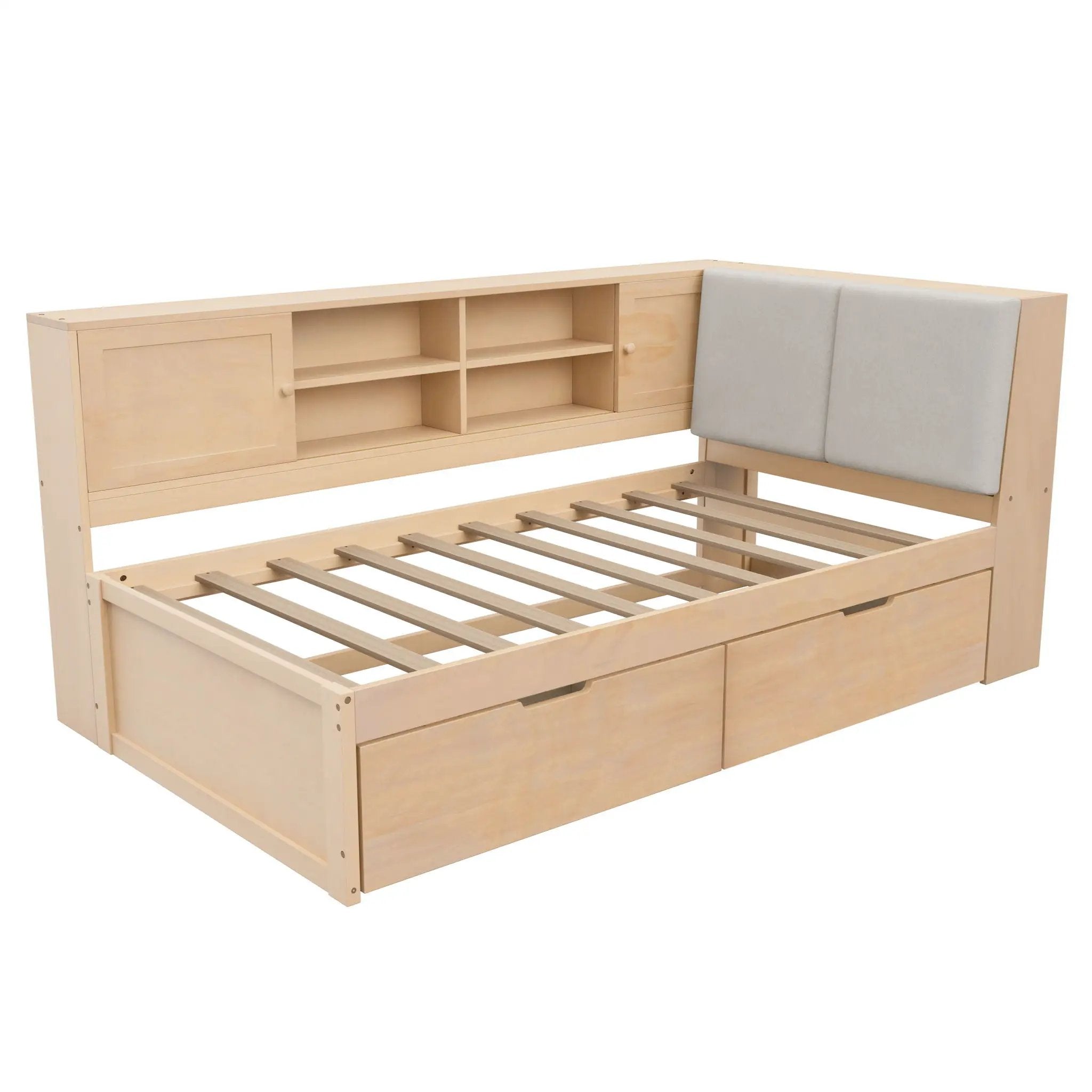 Twin L - Shaped Daybed With Storage Bookcase, Upholstered Headboard, USB Charging Ports & Hidden Drawers - Natural by HouseOfZazla