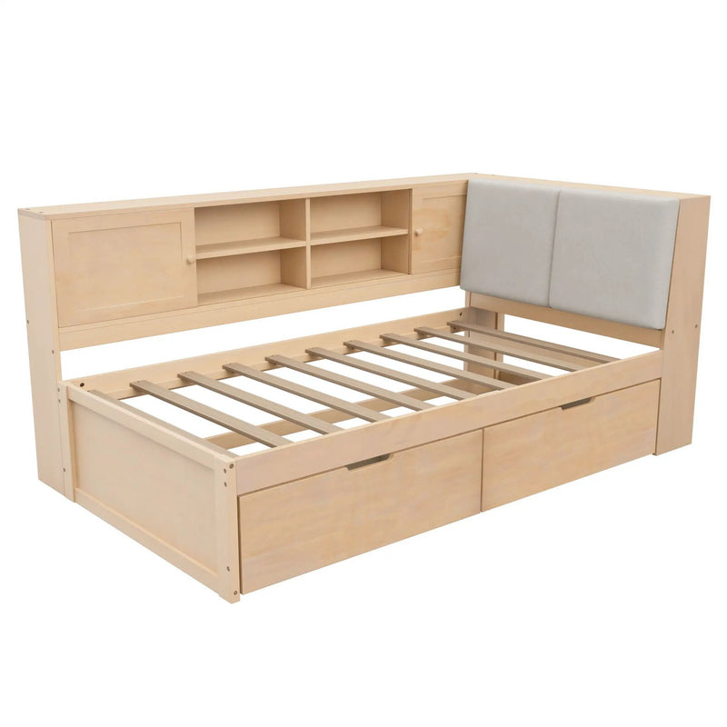 Twin L - Shaped Daybed With Storage Bookcase, Upholstered Headboard, USB Charging Ports & Hidden Drawers - Natural by HouseOfZazla