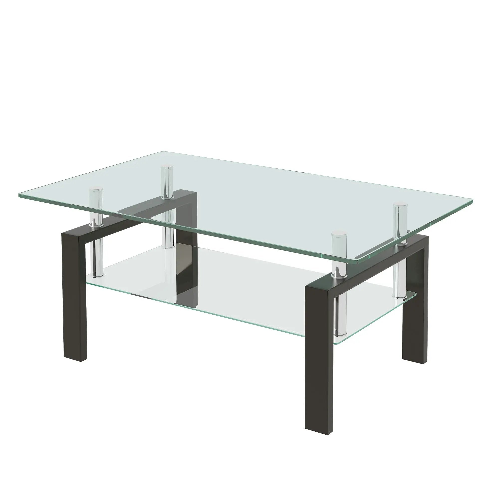 Tempered Clear Glass Coffee Table, 2-Layers Coffee Table Living Room Center Table - Black by HouseOfZazla