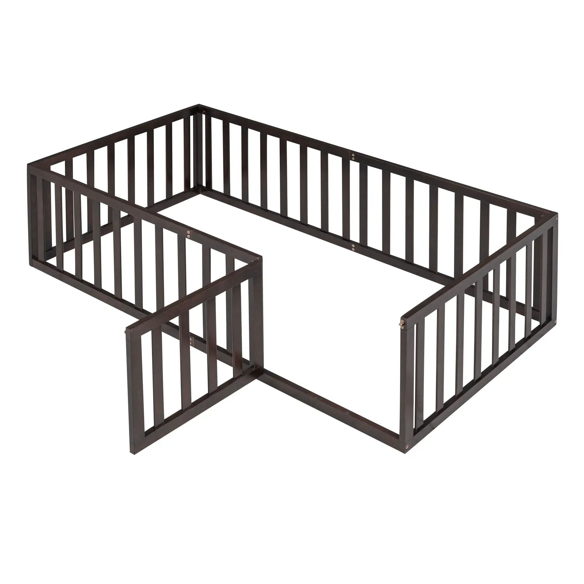 Twin Size Floor Bed Frame With Fence And Door - Walnut by Unique Piece Furniture