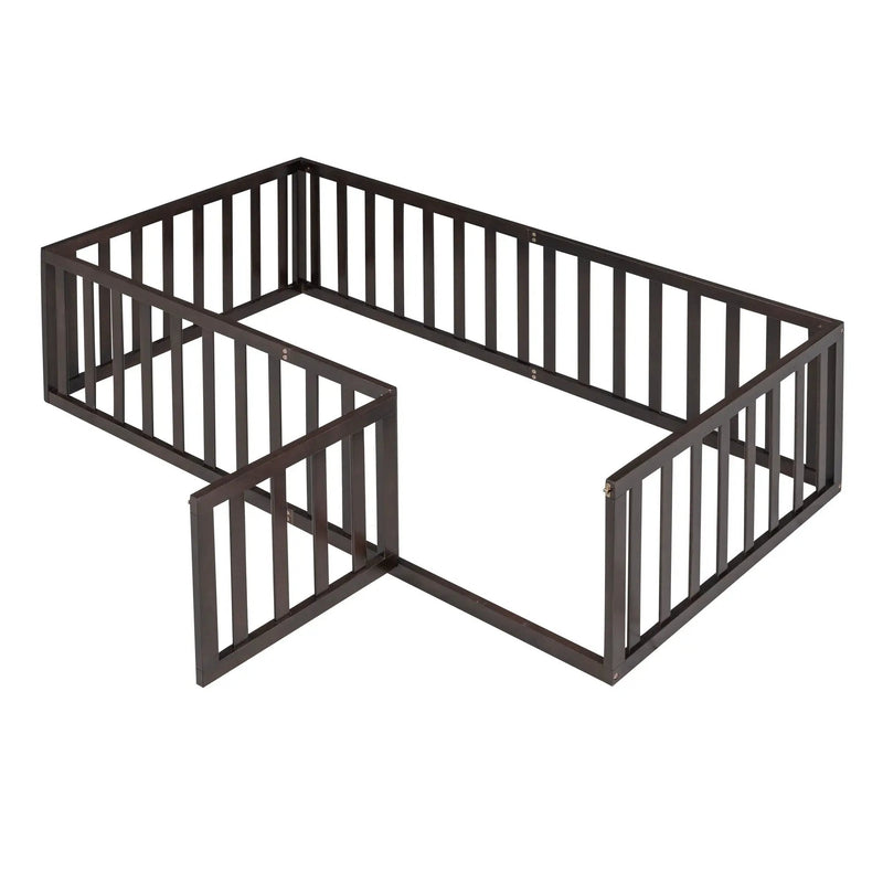 Twin Size Floor Bed Frame With Fence And Door - Walnut by Unique Piece Furniture