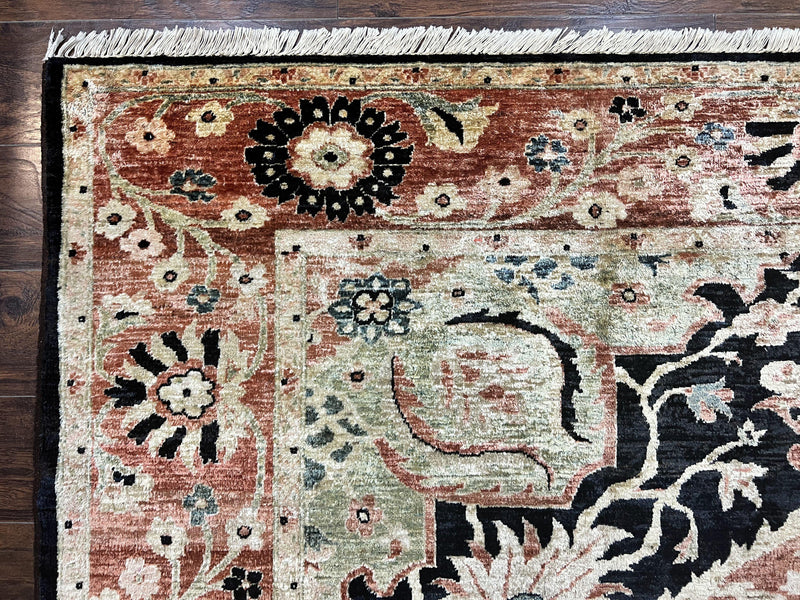 Pak Persian Rug 8x10, Pakistani Mahal Sultanabad Carpet, Signature from Master Weaver, Shiny Wool, Black Red Vintage Handmade Medallion Rug by Jewel Rugs