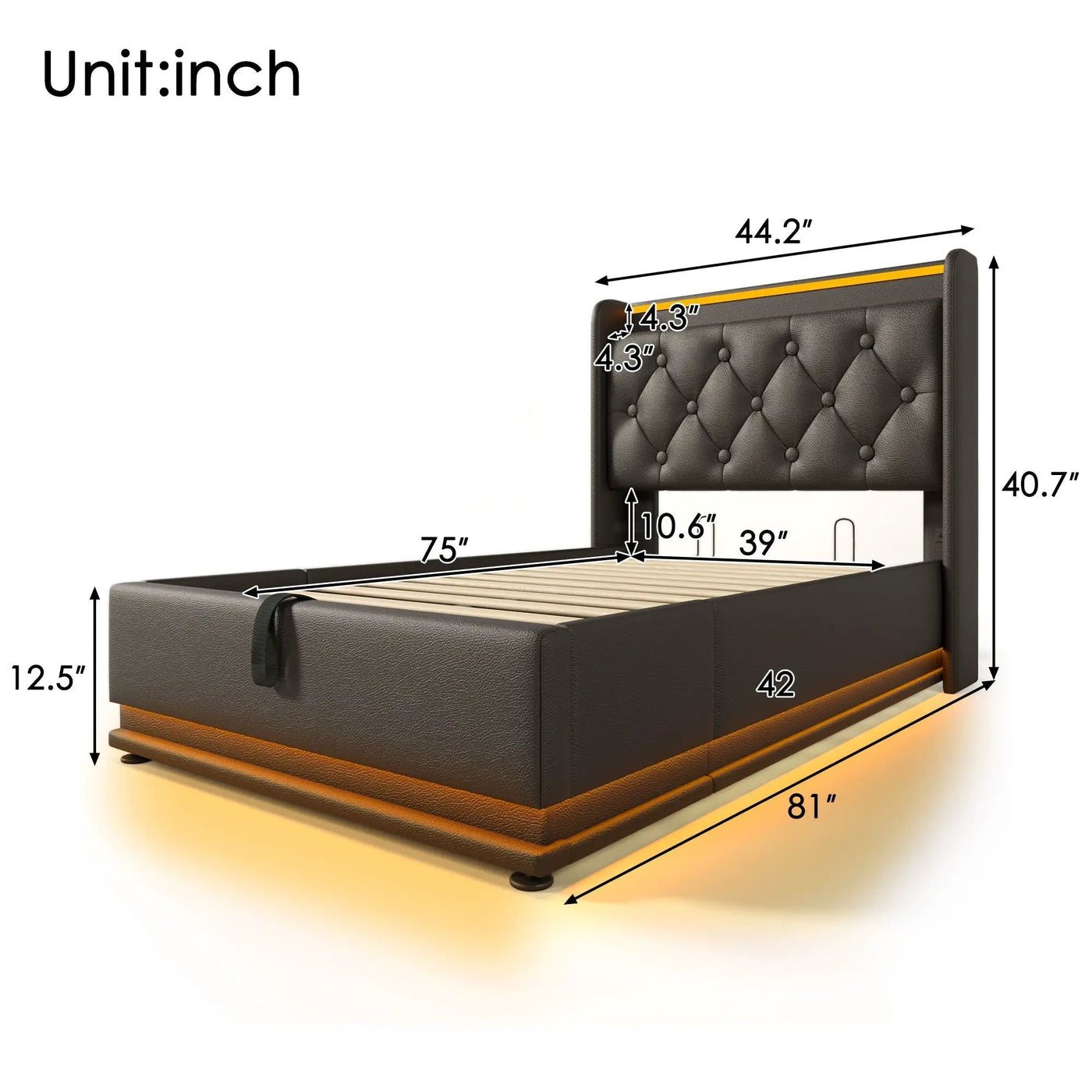 Upholstered Bed, 360 Surround LED Function, Remote Control, Hydraulic Storage Bed With USB, Type-C Charging (Without Mattress) by Unique Piece Furniture