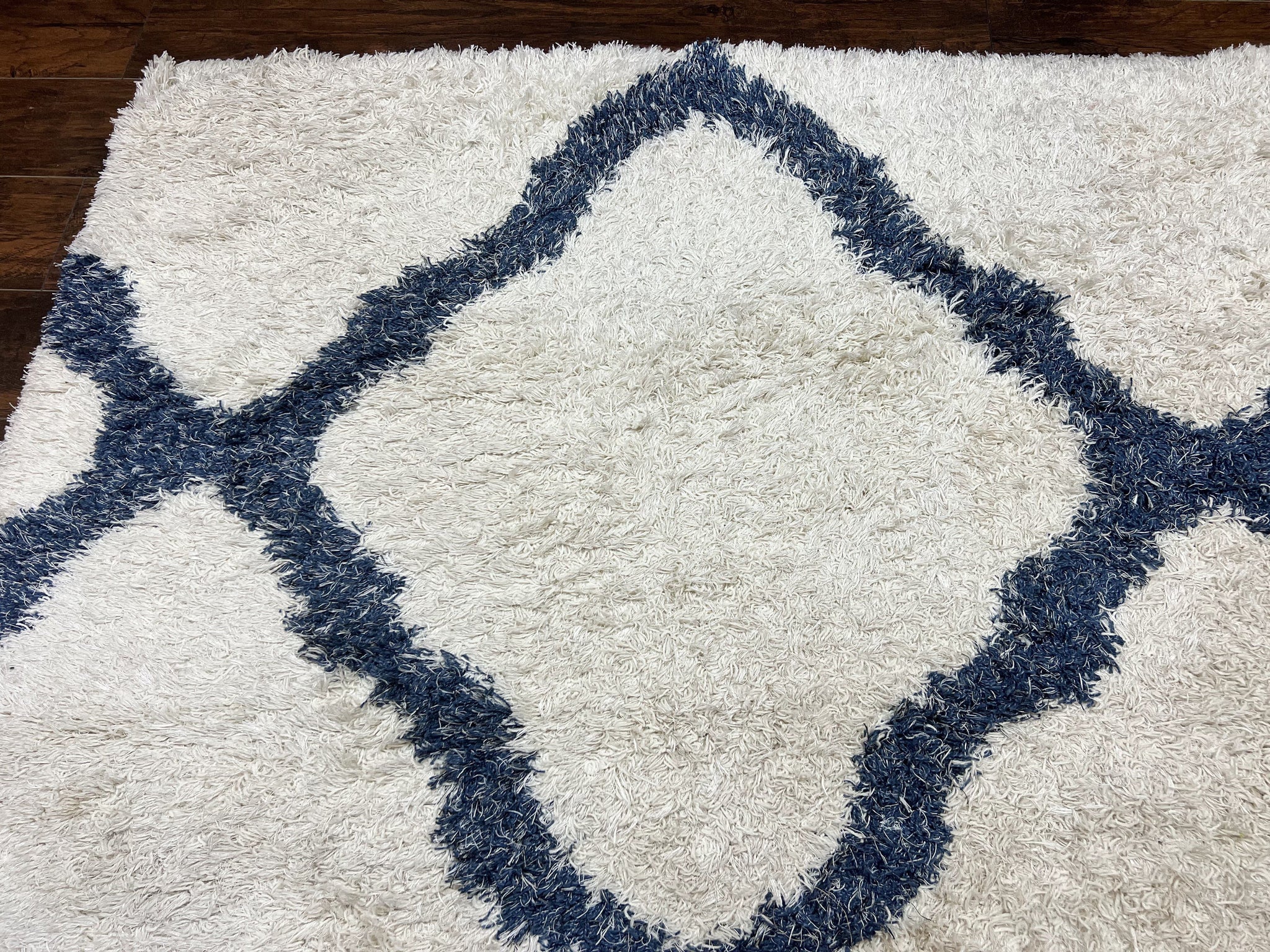 Modern Shag Rug 9x12, Ivory and Dark Blue, Diamond Pattern, Soft, Room Sized, Contemporary Rug, Plush by Jewel Rugs