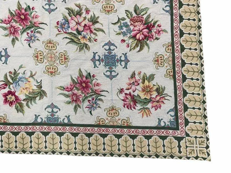 Hand-Knotted Needlepoint Carpet 6x9, Ivory/Cream Background, Colorful Flowers, Yellow Border, Aubusson Rug 6 x 9, New, Handmade by Jewel Rugs