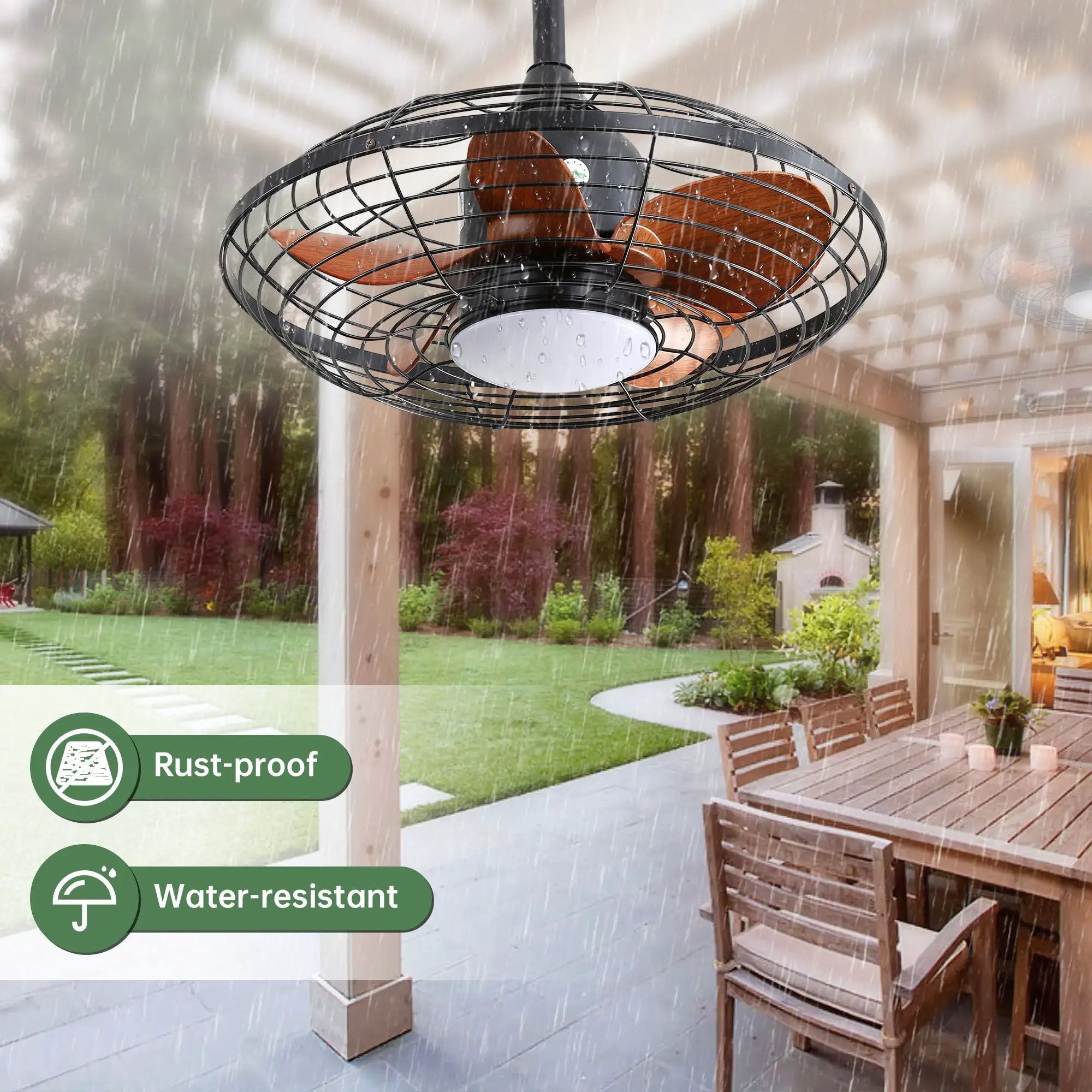 20" Downrod Mount Ceiling Fan LED 18W 3 Cct 5 ABS Blades DC Motor With Hanging And Hook For Outside Patios Pergola - Black by Unique Piece Furniture