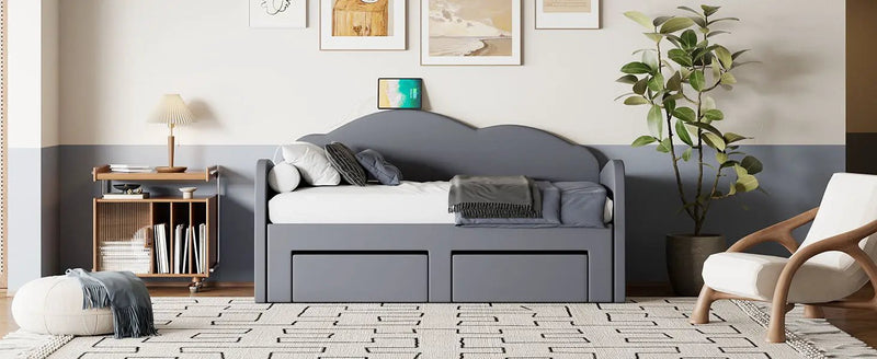 Upholstered Daybed With Cloud-Shaped Backrest, Trundle & 2 Drawers And USB Ports by HouseOfZazla