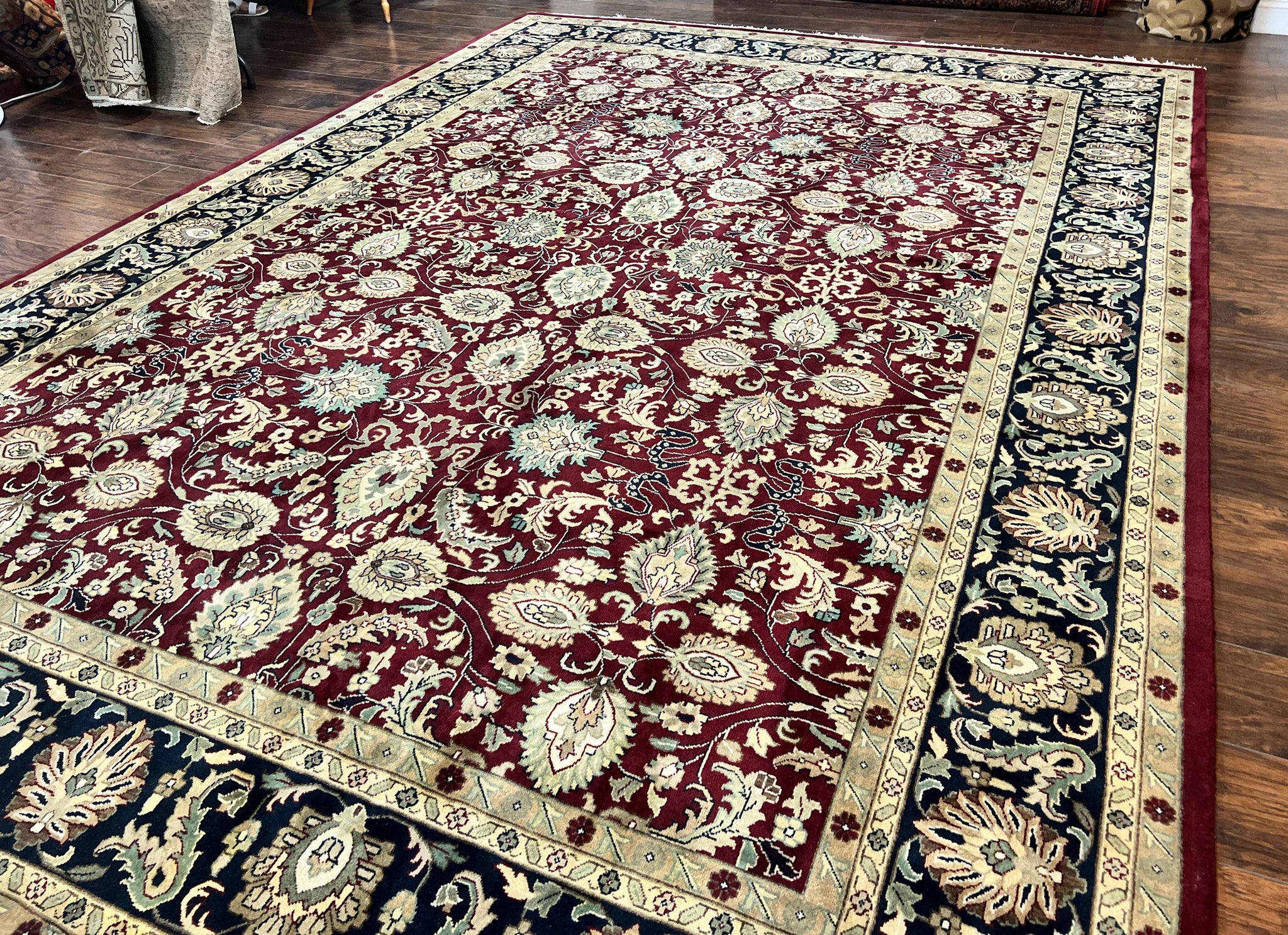 Indo Persian Rug 10x14, Floral Allover, Maroon, Handmade Hand Knotted VIntage Wool Rug, Large Oriental Carpet by Jewel Rugs