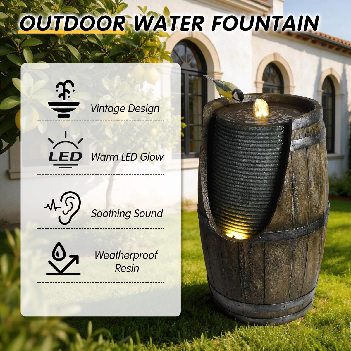 Resin Rustic Barrel Outdoor Water Fountain 24 Inch LED, photo 4 of 10