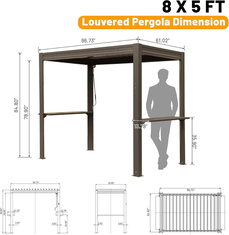 8x5 Ft Grill Louvered Pergola with Adjustable Roof and Built-in Gutter by HouseOfZazla