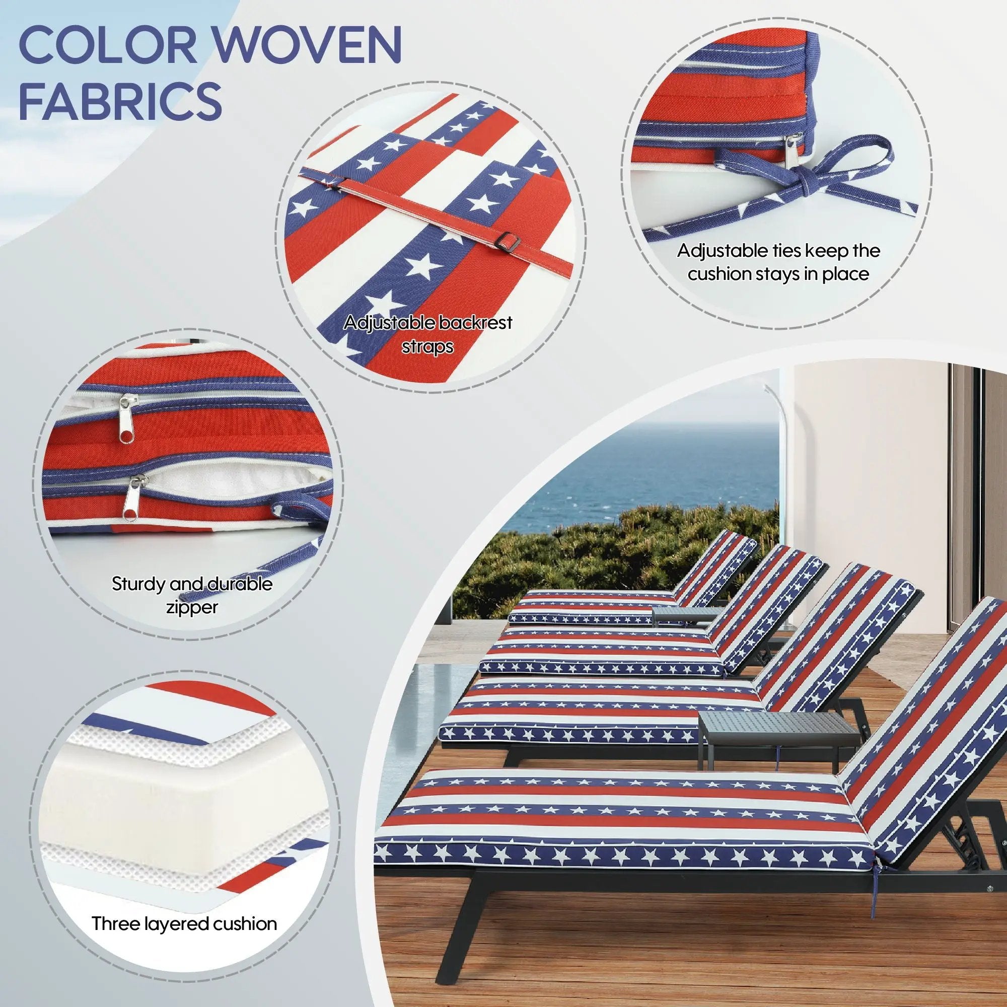 2 Piece Outdoor Chaise Lounge Cushion Set, Replacement Cushions For Patio Furniture, Flag - Red Striped by HouseOfZazla
