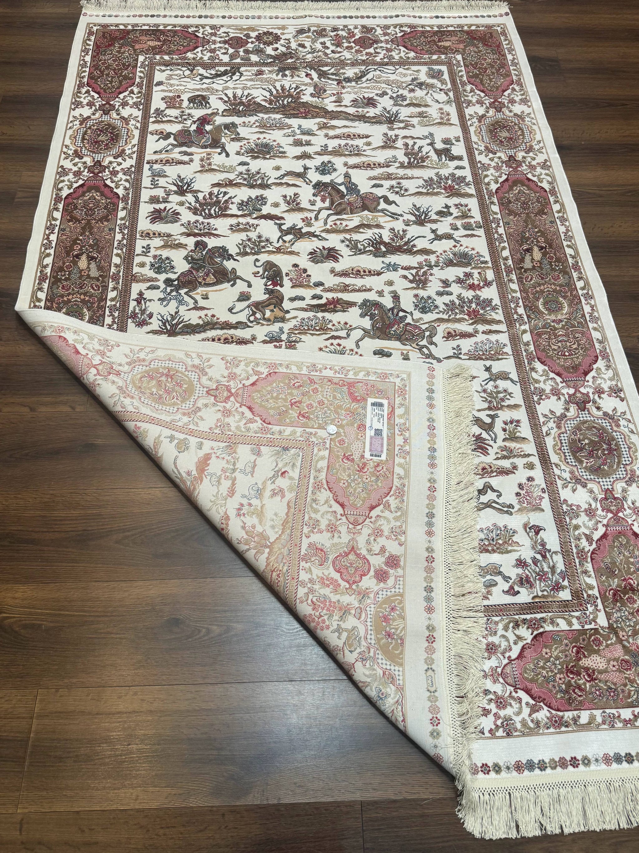 Turkish Silk Rug 5x8, Ivory, Hunting Design, Animal Pictorials, Bamboo Silk by Jewel Rugs
