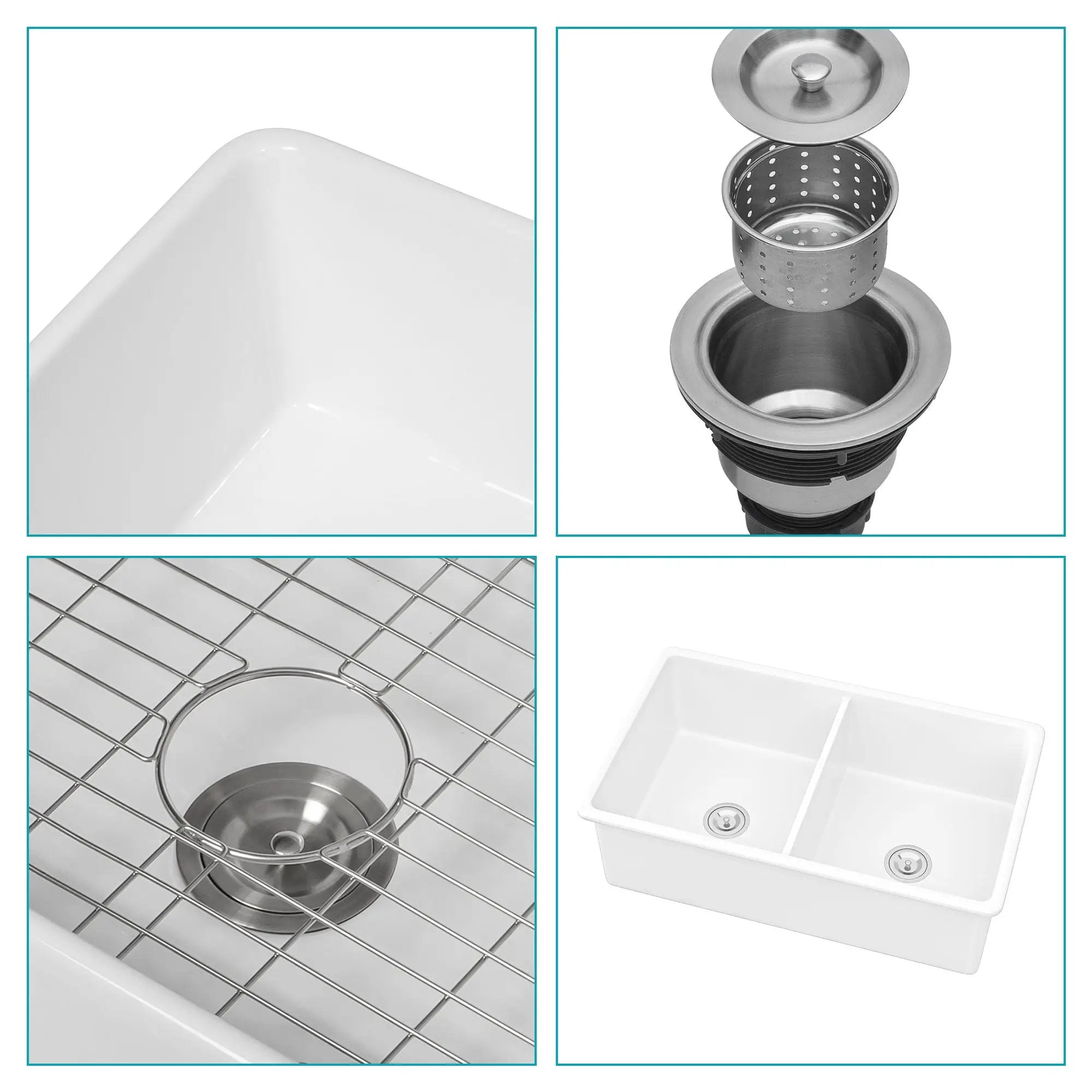 Elegant Dual Mount 32" Undermount Double Bowl Ceramic Kitchen Sink - White by HouseOfZazla