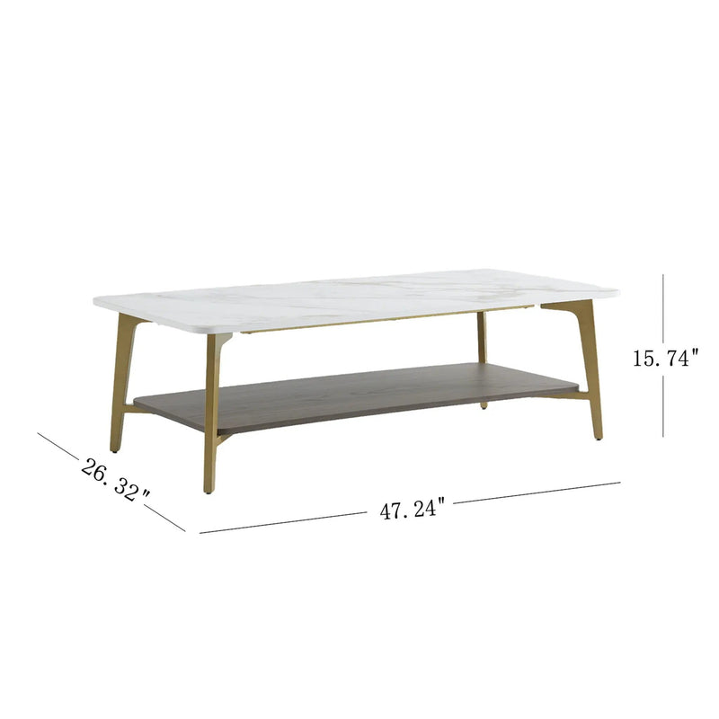 Coffee Table Rectangular Center Table For Living Room Open Space Side Table With Metal Frame - Golden / White by Unique Piece Furniture
