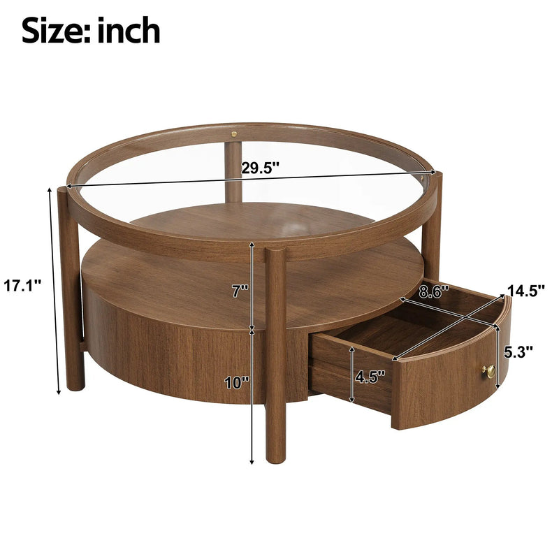 Solid Wood Round Glass Top Coffee Table with Storage Drawer by HouseOfZazla