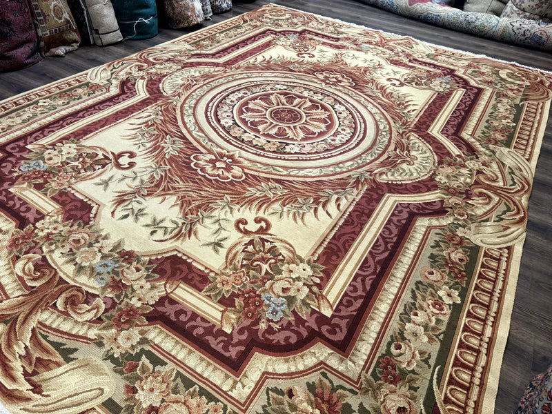 Large Aubusson Rug 10x13, Thick Flatweave Carpet, Elegant European Design, Cream and Raspberry by Jewel Rugs