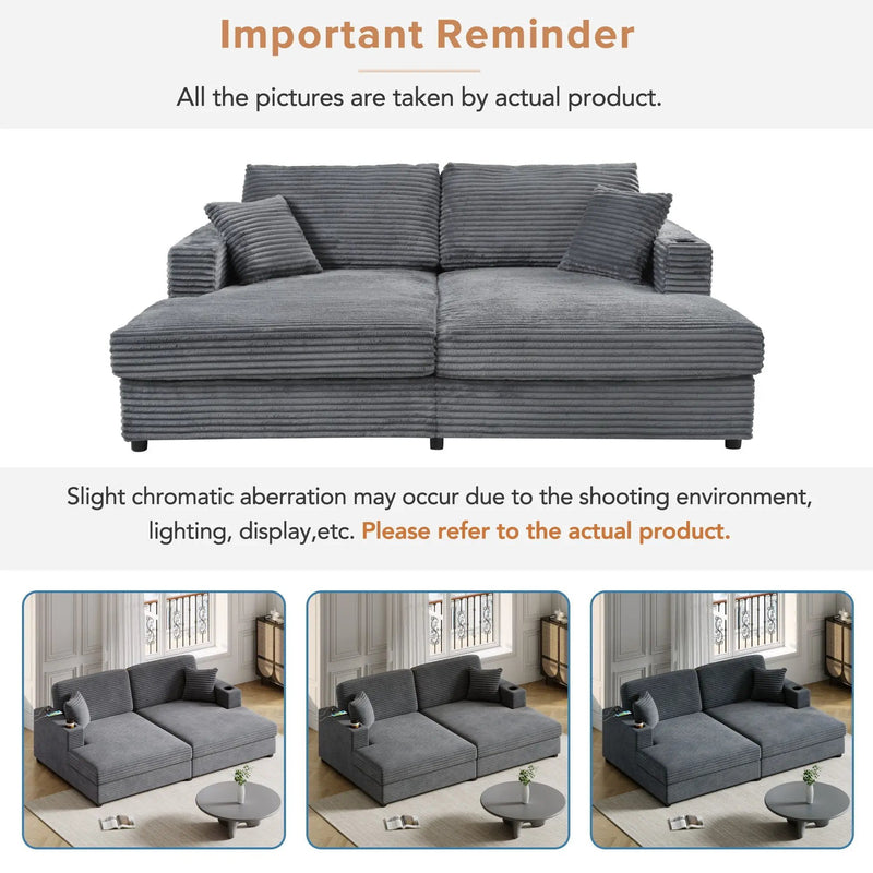 Oversized Loveseat Chaise With 2 USB Ports, 2 Cup Holders And 2 Throw Pillows by HouseOfZazla
