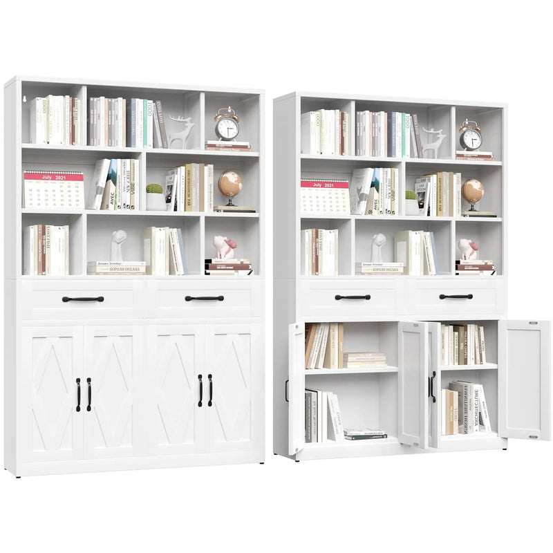Bookcase Tall With 2 Doors & 2 Drawers, Fixed Open Shelves - White by HouseOfZazla
