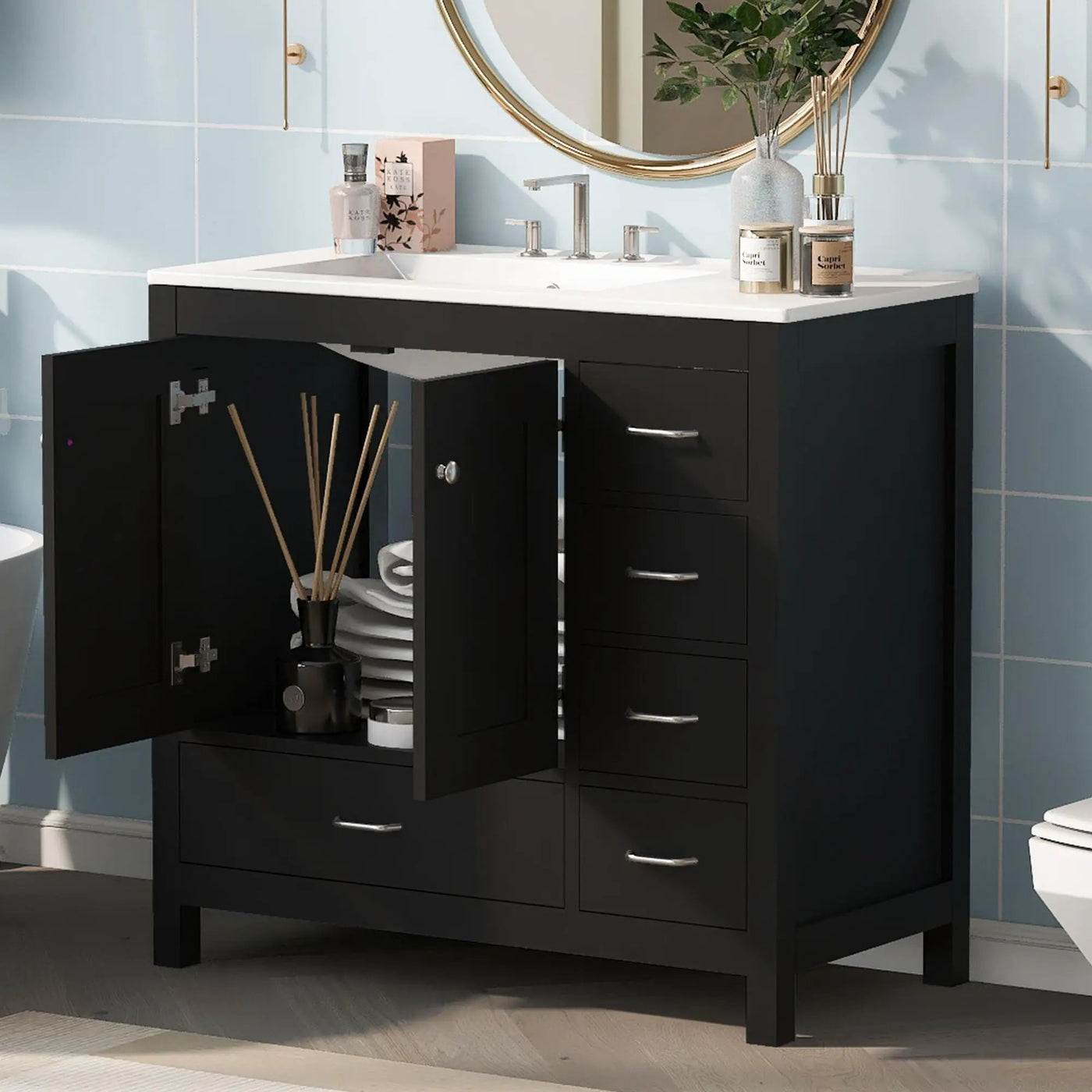 Bathroom Vanity With Ceramic Sink Combo, Abundant Storage Cabinet 2 Soft Close Doors And 5 Drawers by Unique Piece Furniture